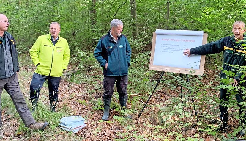 Revierf&ouml;rster J&uuml;rgen Stahl zeigt auf einem Flipchart, welche Ma&szlig;nahmen anstehen. Hier mit Revierf&ouml;rster Jochen R&uuml;b, OB Klaus Holaschke und Forstamtsleiter Martin R&uuml;ter (von links).
Foto: S&ouml;nke Brenner