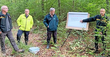 Revierf&ouml;rster J&uuml;rgen Stahl zeigt auf einem Flipchart, welche Ma&szlig;nahmen anstehen. Hier mit Revierf&ouml;rster Jochen R&uuml;b, OB Klaus Holaschke und Forstamtsleiter Martin R&uuml;ter (von links).
Foto: S&ouml;nke Brenner