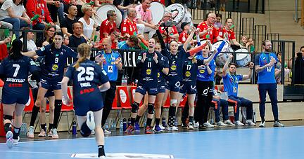 Jubel in dunkelblau: Die Sport-Union Neckarsulm hat durch einen Sieg in Halle-Neustadt den Klassenerhalt gesichert.