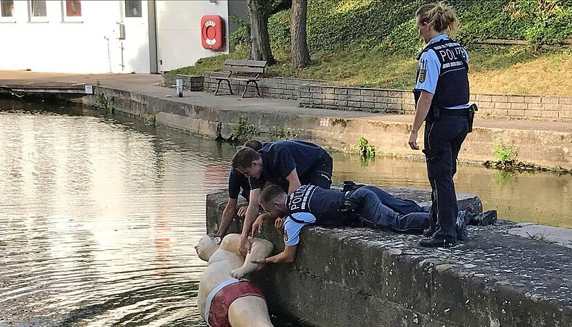 Einsatzkräfte der Polizei und der Feuerwehr bergen im Wilhelmskanal den Bademeister mit der roten Badehose. Unbekannte Täter haben der Skulptur die Beine gebrochen. Anschließend warfen sie sie in den Neckar. Einsatzkräfte der Polizei und der Feuerwehr bergen im Wilhelmskanal den Bademeister mit der roten Badehose. Unbekannte Täter haben der Skulptur die Beine gebrochen. Anschließend warfen sie sie in den Neckar.