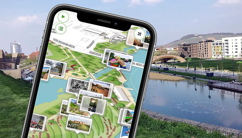 Das Gel&auml;nde der Heilbronner Bundesgartenschau gibt es nicht nur als digitale, interaktive Karte. Man kann mit dem Smartphone auf der Buga auch direkt Fotos hochladen und auf der Karte speichern. Fotomontage: Chris Petersen