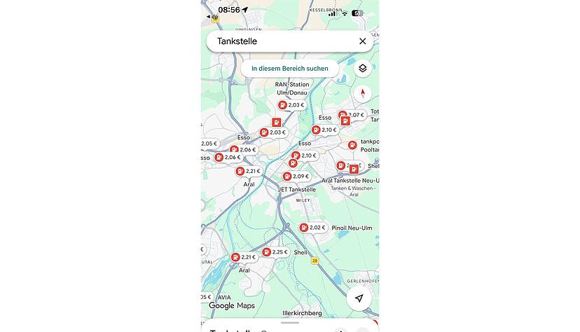 Praktisch: Tankstellenpreise in der Umgebung werden in der Google Maps-App angezeigt.