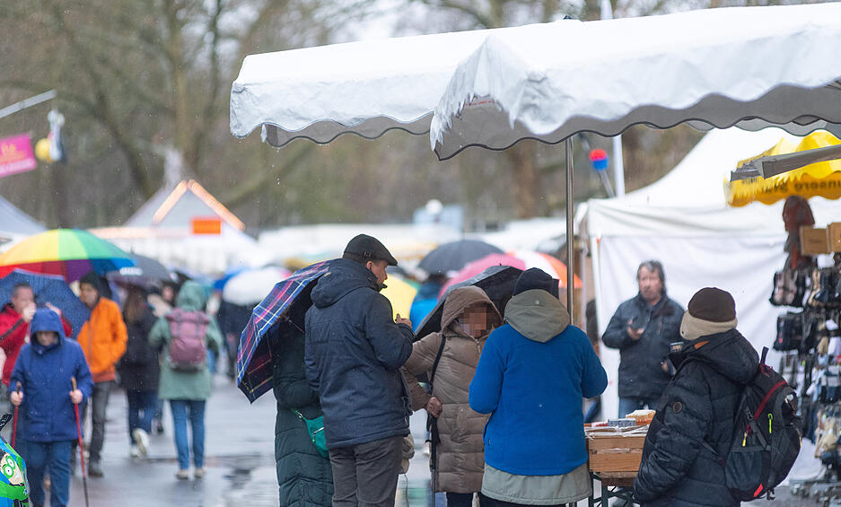 Mit Regenschirmen oder Kapuzen wagen sich einige Besucher &uuml;ber den Heilbronner Pferdemarkt am Samstag.