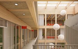 Blick in das Innere des neuen Verwaltungstrakts mit dem lichtdurchlässigen Atrium in der Mitte. Es wird viel Holz verbaut, das wo immer möglich sichtbar sein soll.