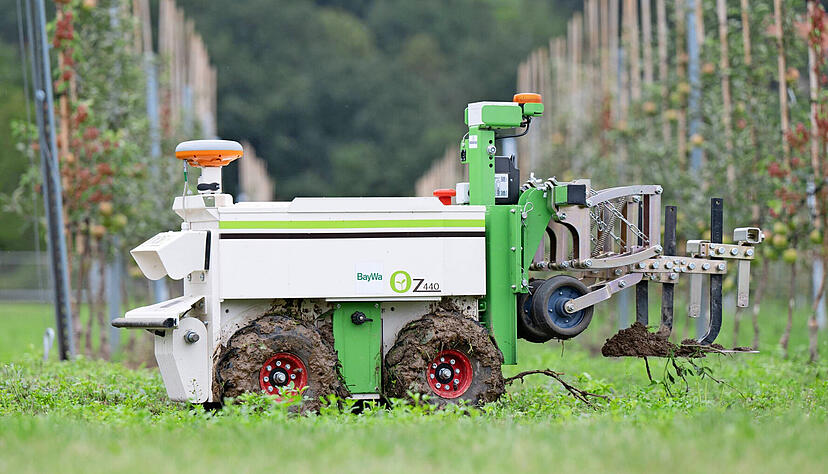 Ein Unkrautroboter fährt entlang der Zeilen in Obst- und Weinbau seinen vorgegeben Weg.

Foto: dpa