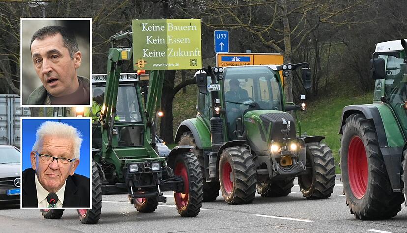 Die Bauernproteste überlagern den Bürgerdialog der Grünen, der am Dienstagabend in Erlenbach stattfindet. Zu Gast sind Bundeslandwirtschaftsminister Cem Özdemir (kleines Foto oben) und Ministerpräsident Winfried Kretschmann (kleines Foto unten). Die Bauernproteste überlagern den Bürgerdialog der Grünen, der am Dienstagabend in Erlenbach stattfindet. Zu Gast sind Bundeslandwirtschaftsminister Cem Özdemir (kleines Foto oben) und Ministerpräsident Winfried Kretschmann (kleines Foto unten).