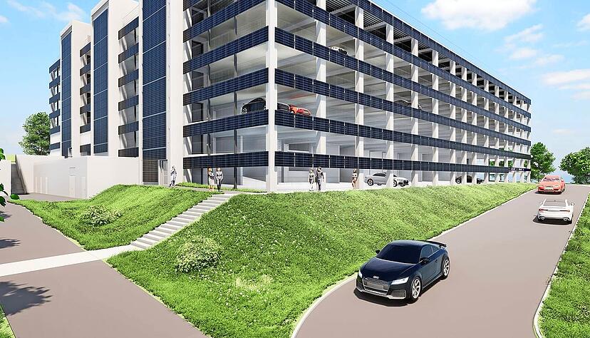Die Visualisierung zeigt, wie das Parkhaus bei der Fertigstellung im Juni 2024 aussehen soll.