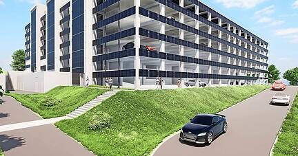 Die Visualisierung zeigt, wie das Parkhaus bei der Fertigstellung im Juni 2024 aussehen soll.