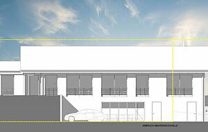 Der Neubau vom Parkplatz aus: Im Untergeschoss sind die &ouml;ffentlichen Toiletten, die die Kommune bezahlt.