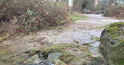 Normalerweise werden an dieser Stelle Boote ins Wasser gelassen. Von der Slipanlage am Neckar in Gundelsheim ist der Luxuswagen in den Fluss geraten. Rechts davon, im Bild nicht zu sehen, erstreckt sich eine größere Fläche.
Foto: Jürgen Kümmerle