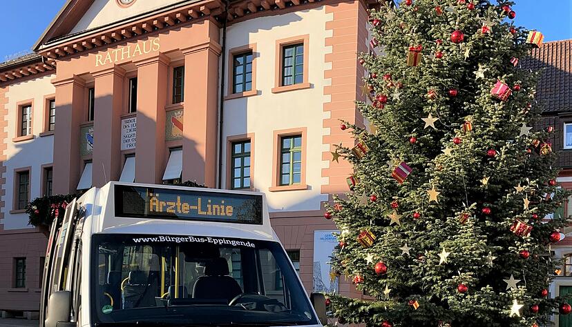 "Emil 2" wirbt auf dem Eppinger Marktplatz f&uuml;r die neue &Auml;rzte-Linie. Die bedient ab kommendem Mittwoch allerdings der &auml;ltere Bus-"Kollege".
Foto: Susanne Schwarzb&uuml;rger