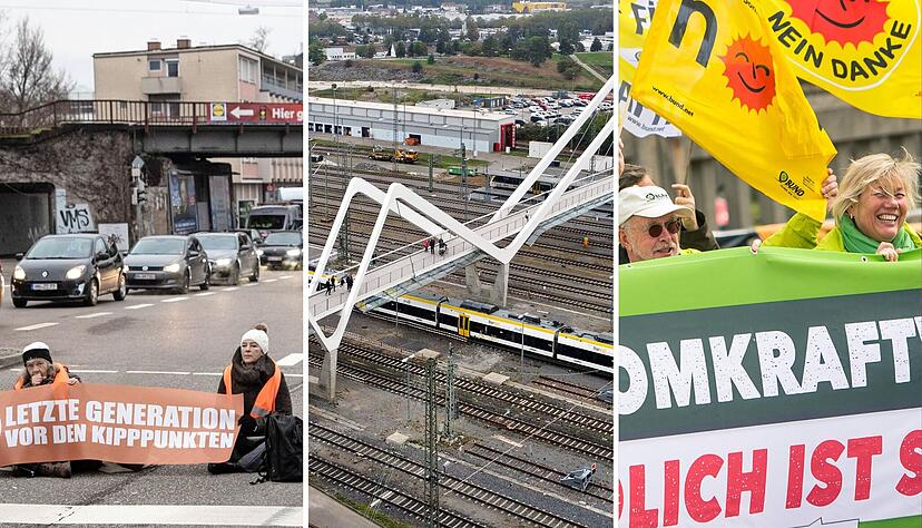 Klimaproteste in Heilbronn (von links), eine Brückeneröffnung am Heilbronner Hauptbahnhof und Freude bei Atomkraftgegnern in Neckarwestheim: Im Jahr 2023 gab es einige prägende Ereignisse. Klimaproteste in Heilbronn (von links), eine Brückeneröffnung am Heilbronner Hauptbahnhof und Freude bei Atomkraftgegnern in Neckarwestheim: Im Jahr 2023 gab es einige prägende Ereignisse.