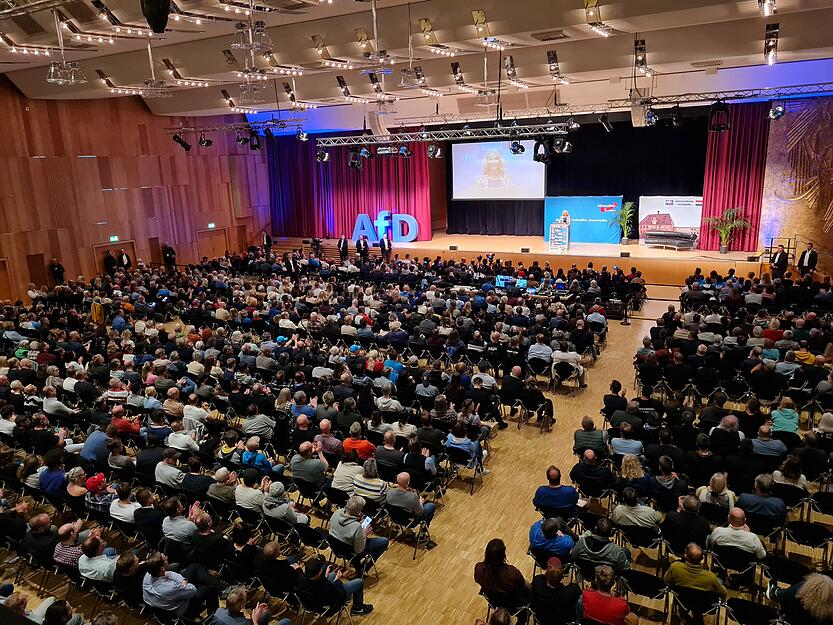 Die AfD hatte am Samstag zum Europawahlkampf in die Harmonie geladen. Mit 1400 Besuchern war der Theodor-Heuss-Saal komplett gefüllt.