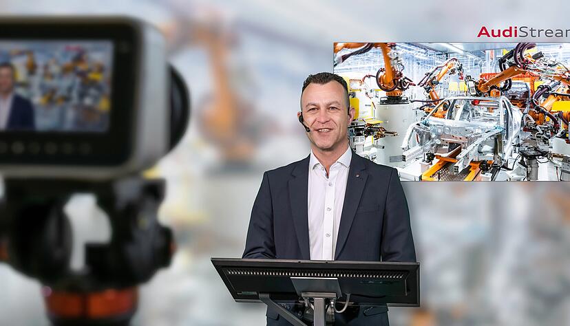 Tourguide Lars Ruoff begleitet als Moderator Interessierte aus aller Welt virtuell durch die Audi-Produktion in Neckarsulm.
Foto: Audi