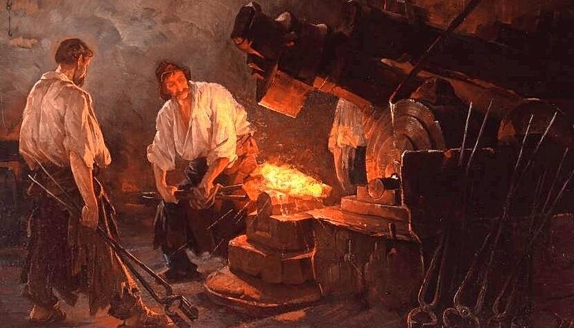 Friedrich von Keller: "Hammerschmiede", um 1887, &Ouml;l auf Leinwand.