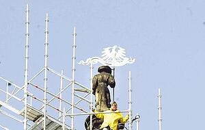 Für die Sanierung war der Turm mehrere Jahre lang eingerüstet.
Foto: Archiv/Kempf Für die Sanierung war der Turm mehrere Jahre lang eingerüstet.
Foto: Archiv/Kempf