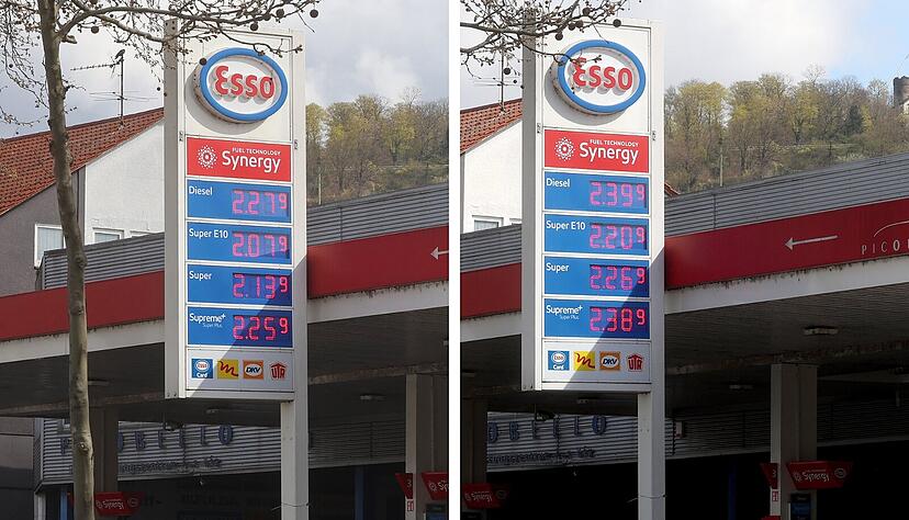 Bei Esso an der Neckarsulmer Stra&szlig;e haben sich die Preise am Mittwoch um 12 Uhr um bis zu 13 Cent pro Liter erh&ouml;ht (links vorher, rechts nachher).