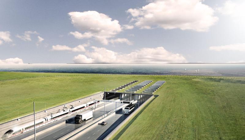 Eine Visualisierung des geplanten Fehmarnbelt-Tunnels zwischen Deutschland und D&auml;nemark mit dem Tunneleingang auf d&auml;nischer Seite bei Rodbyhavn.&nbsp;Der 18 Kilometer lange Tunnel unter der Ostsee soll Fehmarn und Lolland miteinander verbinden.
