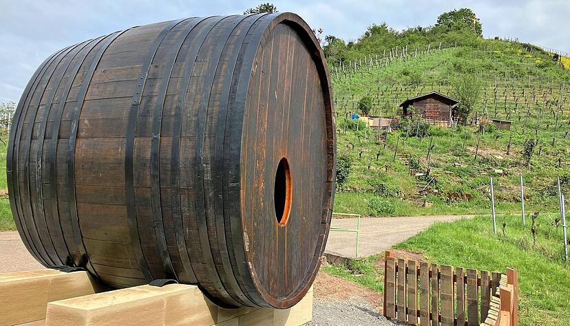 Das Fass am Weinlehrpfad zum Scheuerberg hat ein Volumen von über 13000 Litern. Ein Guckloch verschönert die Aussicht auf die Weinberge.
Foto: Frank Wittmer