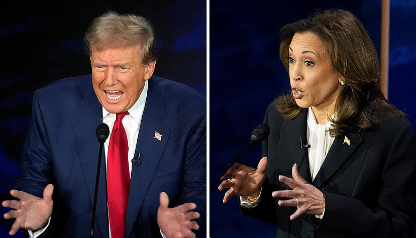 Diese Fotokombination zeigt den republikanischen Präsidentschaftskandidaten und ehemaligen US-Präsidenten Donald Trump (l) und die demokratische Präsidentschaftskandidatin und US-Vizepräsidentin Kamala Harris während einer ABC News Präsidentschaftsdebatte im National Constitution Center.