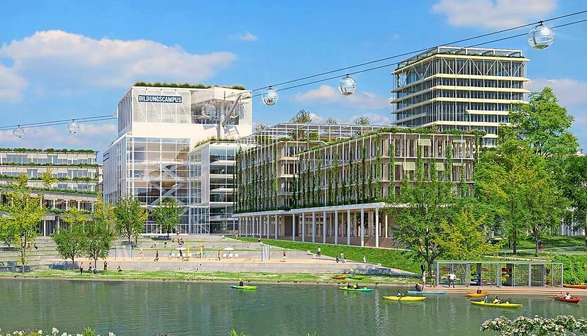 Gondeln schweben über den Neckar auf den Bildungscampus West: So könnte die Heilbronner Seilbahn aussehen.