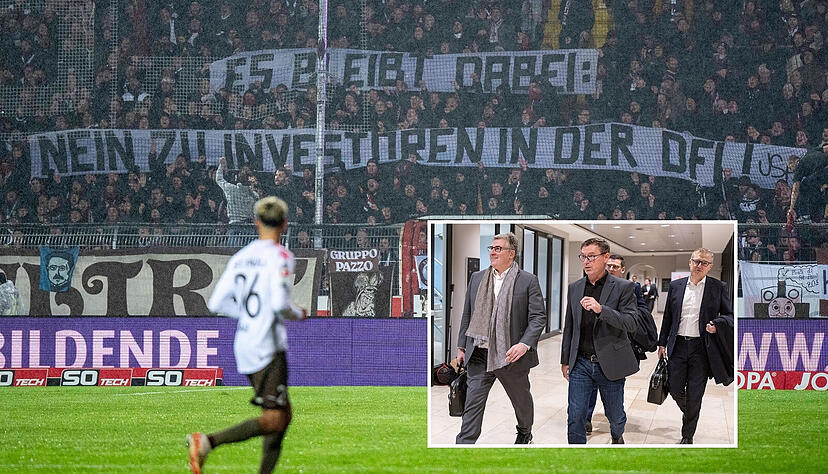 Teilnehmer auf dem Weg zur DFL-Mitgliederversammlung (kleines Bild). Von Fanseite aus hatte es Proteste gegen einen Investoreneinstieg bei der DFL gegeben &ndash; hier bei der Zweitligapartie VfL Osnabr&uuml;ck gegen den FC St. Pauli.