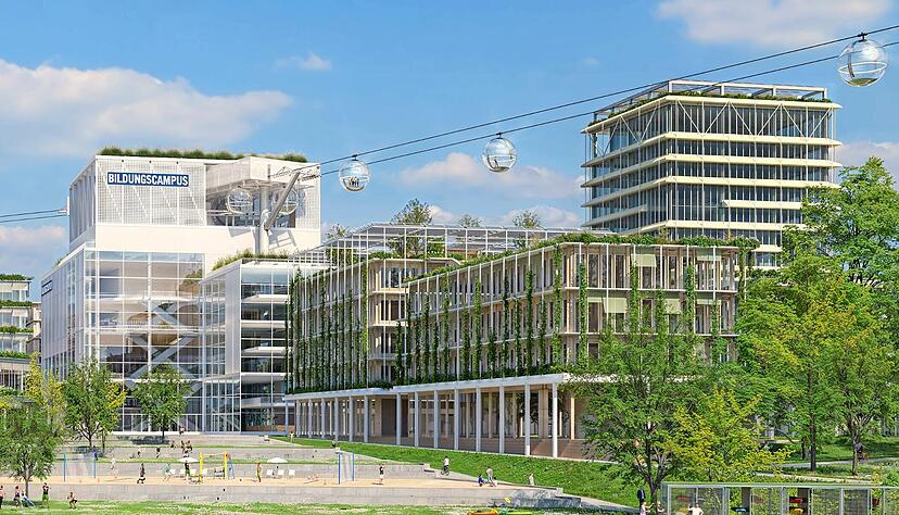 Die Darstellung zeigt eine Seilbahn &uuml;ber dem neuen Bildungscampus West in Heilbronn.