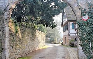 Einen m&auml;rchenhaften Blick auf die Zufahrt von Schloss Eyb gibt dieser Steinbogen frei.