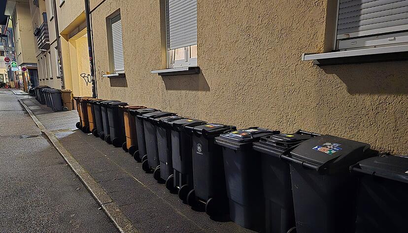 "M&uuml;lltonnen-Parade" in Heilbronn: Das neue Entsorgungssystem in Heilbronn bringt moderne Abfallbeh&auml;lter &ndash; alte Tonnen warten noch auf die Abholung.