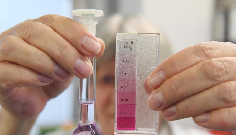 Eine Chemielaborantin zeigt ein Flasche mit einer Grundwasserprobe zur Nitratüberprüfung.