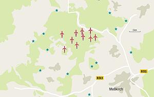 Die geplanten Windkraft-Standorte in Me&szlig;kirch, umgeben von den Milan-Horsten. Foto: HSt-Grafik
