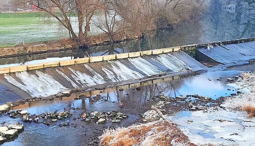 Die Wehranlage in Jagsthausen. Links in hellem Holz sind die neu eingebrachten Wehrdielen zu sehen, rechts die alten. Foto: Marcus Götz Die Wehranlage in Jagsthausen. Links in hellem Holz sind die neu eingebrachten Wehrdielen zu sehen, rechts die alten. Foto: Marcus Götz