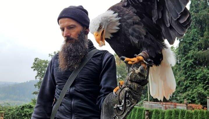 Erik Pelz von der Stauferfalknerei in Lorch mit einem Weißkopfseeadler.
Foto: privat