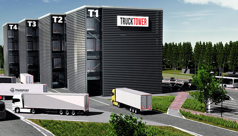 Mit diesen Truck-Towers von Vollert können deutlich mehr Lkw auf Rastplätzen parken. Der erste Turm in Deutschland soll in Kürze entstehen.