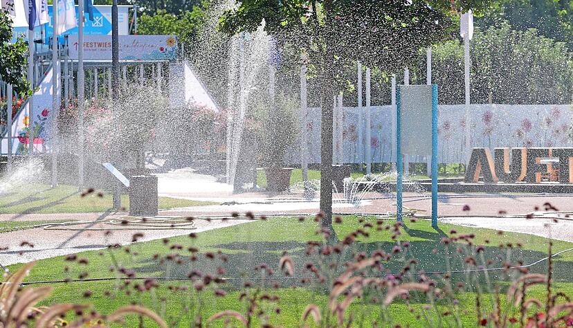 Rasensprenger laufen auf der Gartenschau Eppingen bei anhaltender Hitze fast pausenlos, sonst wäre der Rasen nicht grün zu halten. Doch stellt sich die Frage, ob die Schönheit nicht der Ressourcenschonung geopfert werden sollte. Rasensprenger laufen auf der Gartenschau Eppingen bei anhaltender Hitze fast pausenlos, sonst wäre der Rasen nicht grün zu halten. Doch stellt sich die Frage, ob die Schönheit nicht der Ressourcenschonung geopfert werden sollte.