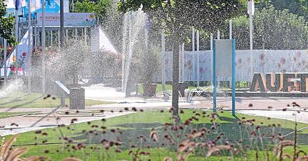 Rasensprenger laufen auf der Gartenschau Eppingen bei anhaltender Hitze fast pausenlos, sonst wäre der Rasen nicht grün zu halten. Doch stellt sich die Frage, ob die Schönheit nicht der Ressourcenschonung geopfert werden sollte.