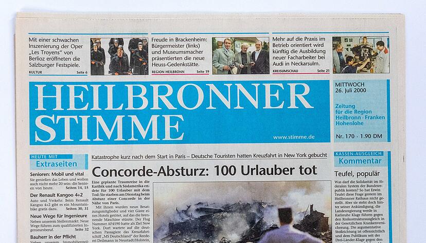 Die Heilbronner Stimme berichtet am Tag nach dem Absturz auf ihrer Titelseite über die Katastrophe.
Repro: Mario Berger Die Heilbronner Stimme berichtet am Tag nach dem Absturz auf ihrer Titelseite über die Katastrophe.
Repro: Mario Berger