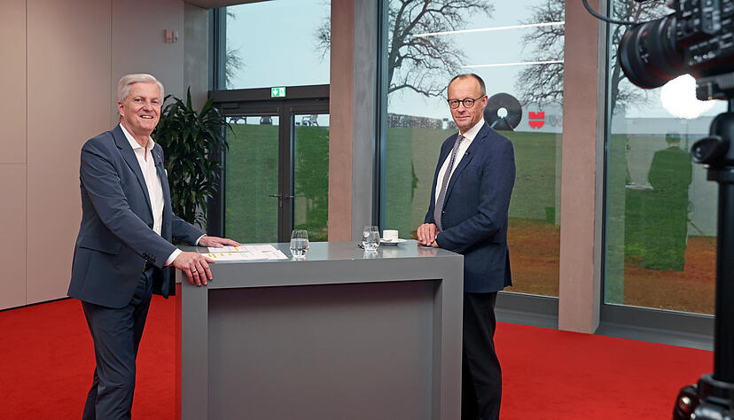 Unions-Kanzlerkandidat Friedrich Merz im Stimme-Talk mit Chefredakteur Uwe Ralf Heer.