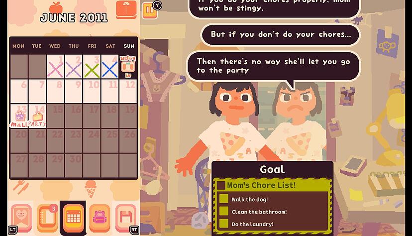 Zwiegespr&auml;ch mit Spiegelbild: Jenny will eigentlich zu einer Party, hat aber noch viele Aufgaben zu erledigen.