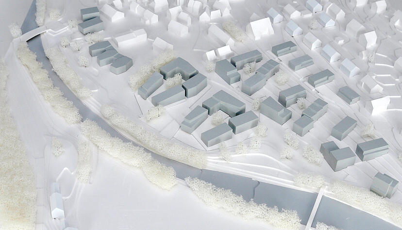 Der Wertplatz nach einem Modell der Stadtplaner: Hier entstehen neue Wohnh&auml;user und Treffpunkte in Mulfingen.