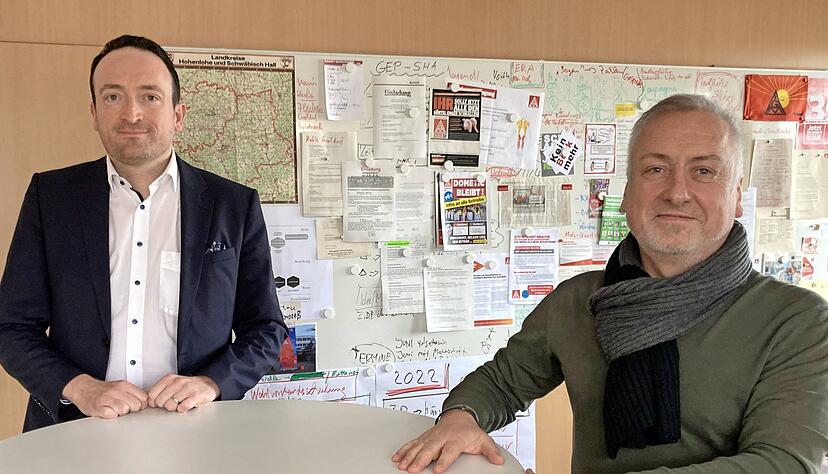 Arbeitgebervertreter J&ouml;rg Ernstberger (links) und Gewerkschafter Uwe Bauer sehen Hohenlohe und die Region in einer Phase der Umw&auml;lzungen. 
Foto: Christian Gleichauf