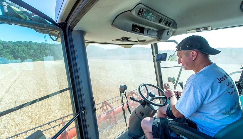 Thomas Denz steuert den mit moderner Technik ausger&uuml;steten M&auml;hdrescher &uuml;ber die &Auml;cker in Bad Friedrichshall-Kochendorf.