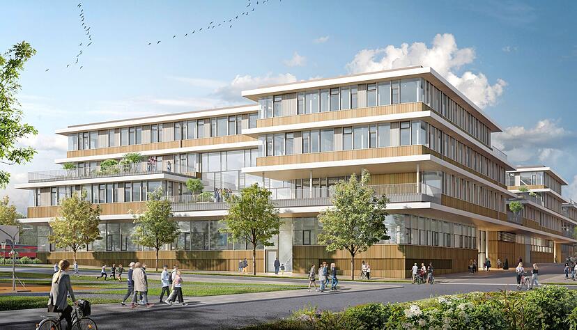 Parallel zu den Bahnlinien entsteht im Heilbronner Stadtteil Neckarbogen die neue Josef-Schwarz-Schule. Parallel zu den Bahnlinien entsteht im Heilbronner Stadtteil Neckarbogen die neue Josef-Schwarz-Schule.