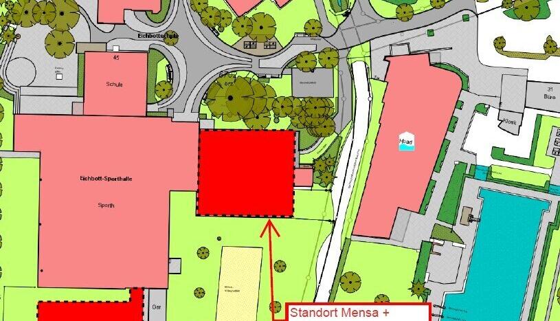 Der bisherige &Uuml;bersichtsplan des Eichbott-Areals. Die geplanten Neubauten &ndash; Mensa, Klassenzimmer und Sporthalle &ndash; sind rot markiert.