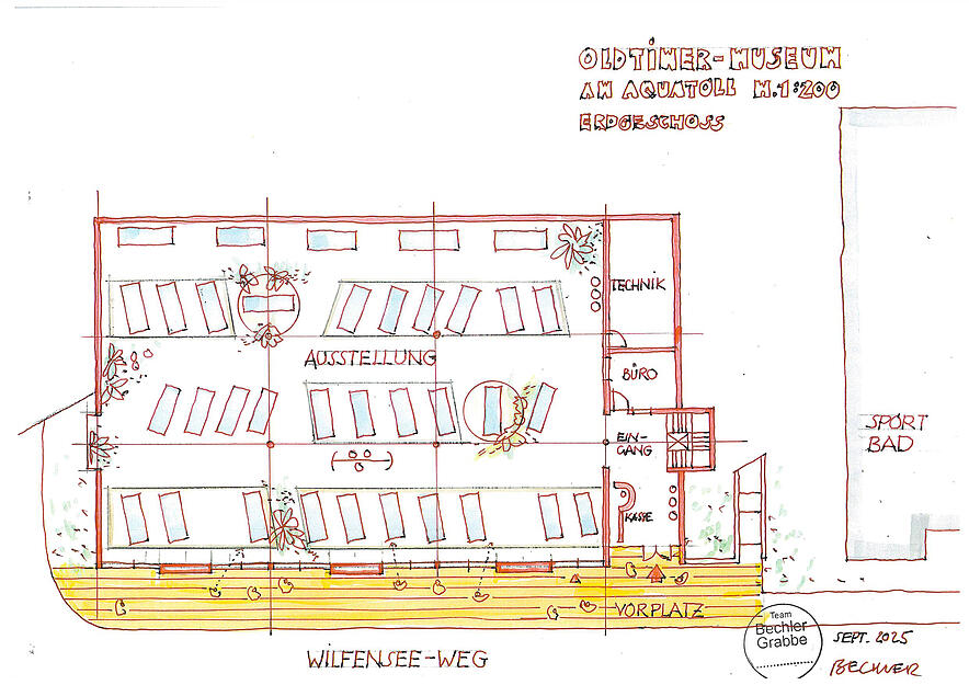 Das Automuseum soll neben dem Aquatoll-Sportbad auf der Westseite errichtet und in den Hang integriert werden.