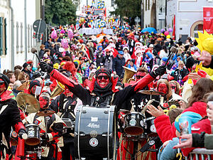 Farbenfrohe Gruppen ziehen beim traditionellen Faschingsumzug durch Bad Wimpfen.