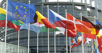 ARCHIV - 10.06.2004, Frankreich, Straßburg: Die Flaggen der Mitgliedsländer der Europäischen Union wehen vor dem Europa-Parlament. (zu «Plenarsitzung des Europäischen Parlaments») Foto: Rolf Haid/dpa +++ dpa-Bildfunk +++ | Verwendung weltweit