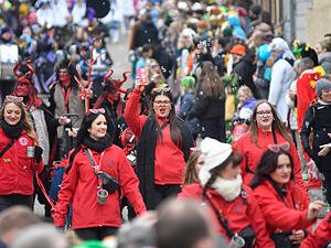 Tausende Besucher s&auml;umen die Stra&szlig;en und feiern ausgelassen den traditionellen Faschingsumzug in Talheim.
