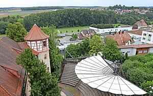 Die Bühne der Freilichtspiele Neuenstadt: 15 Mitarbeiter sind notwendig um die Schirmkonstruktion aufzubauen, die bis September geöffnet bleibt.