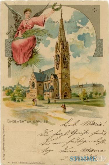Zusammengestellt von Archiv und Dokumentation der Heilbronner Stimme 
1899 wird die neo-romanische Friedenskirche auf dem Kaiser-Wilhelm-Platz eingeweiht. 1200 Gottesdienstbesucher finden in der Kirche Platz, die zugleich Garnisonskirche für die in der Heilbronner Moltkekaserne stationierte Soldaten ist. Zum Einweihungstag am 15. Mai 1899 erscheint eine Postkarte.